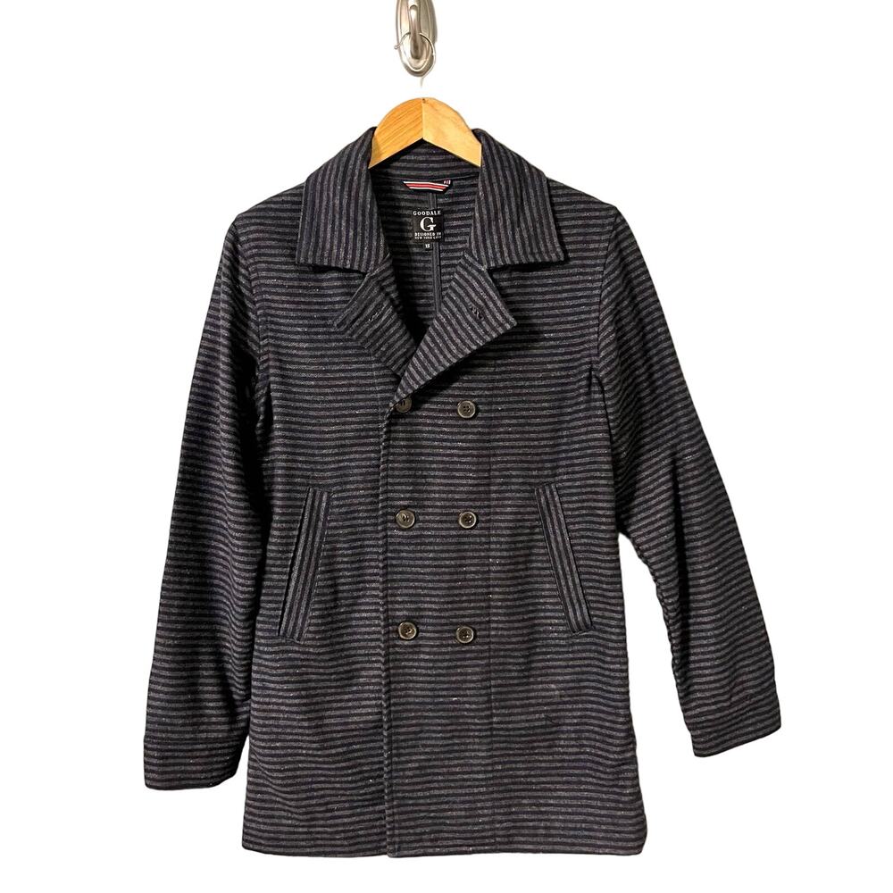 Goodale NY Shirt Jacket Size XS Blue Gray Stripe Wool Blend Long Blazer Peacoat